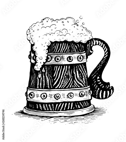 Mug of beer, wooden with a handle. Large white foam and textured wood. Hand drawn