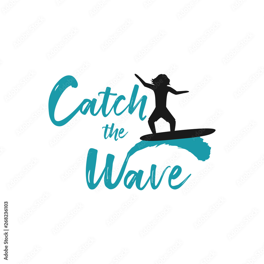 Catch the wave quote with surfing men on ocean blue waves on white background. Template for logo, icon or sign for surf board shop. Design Hawaii t-shirt print. Vector illustration.