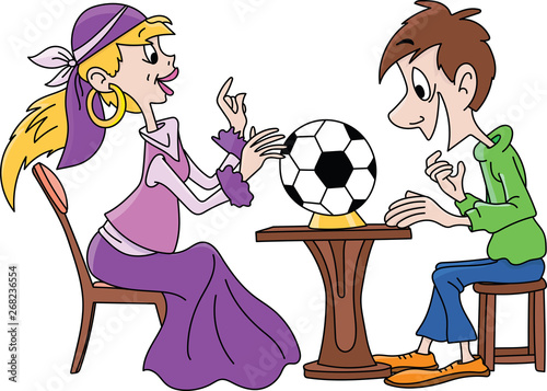 Cartoon fortune teller guessing about the football championship vector illustration