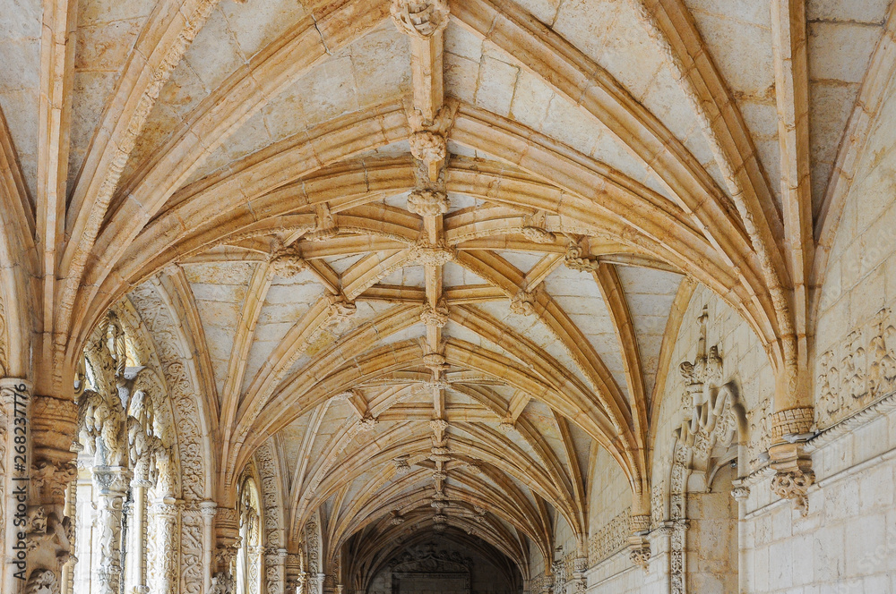 Corridor of the cloister in the Jerónimos Monastery (Hieronymites) in Lisbon, Portugal