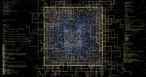 An image of lines and geometric elements and particles. Visualization and illustration of a 3d futuristic microchip with a program data code