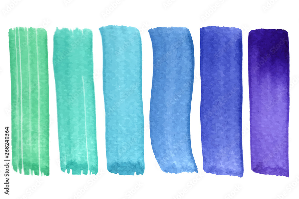 Fototapeta premium Vector hand drawn watercolor brush stains set. Colorful painted vertical strokes collection. Blue color hand drawn stripes for background.