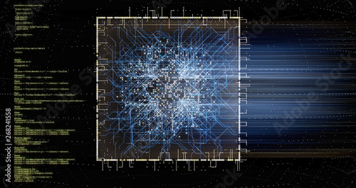 An image of lines and geometric elements and particles. Visualization and illustration of a 3d futuristic microchip with a program data code