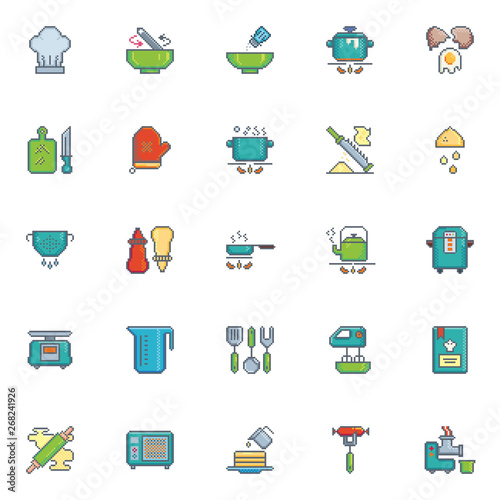 Pixel art icon kitchen utensil vector set.  Cooking and kitchen sign for web, mobile design and 8 bit games..