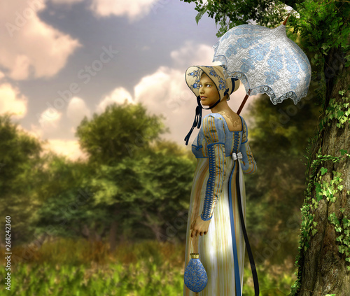 Photography Pretty Jane Austen style young woman goes for a walk