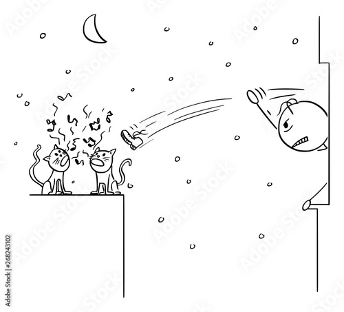 Vector cartoon stick figure drawing conceptual illustration of two cats screaming at night and angry woken man who can't sleep is throwing shoe from the window.