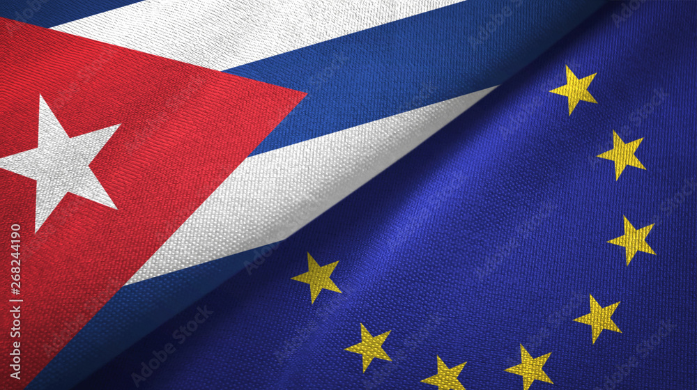 Fototapeta premium Cuba and European Union two flags textile cloth, fabric texture