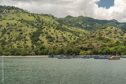 Komodo Island, Indonesia - February 24, 2019: Many small boats near beach of Komodo National Park with green mountains in back under cloudscape and greenish sea in front. © Klodien