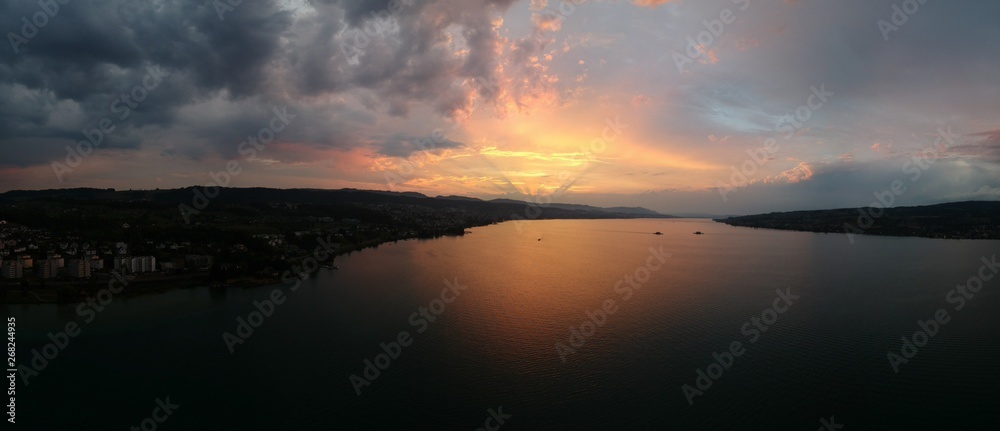 lake zürich sunset panorama with dji drone