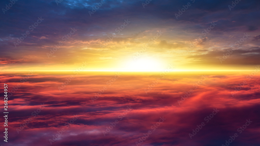  Beautiful heavenly landscape with the sun in the clouds  . Paradise heaven . Red sunset