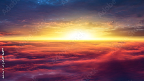  Beautiful heavenly landscape with the sun in the clouds . Paradise heaven . Red sunset