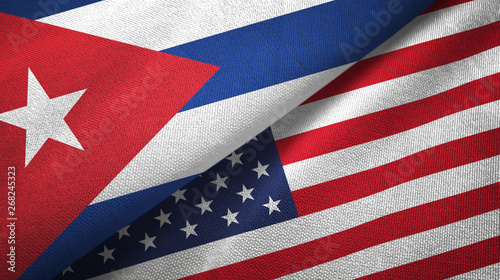 Cuba and United States two flags textile cloth, fabric texture