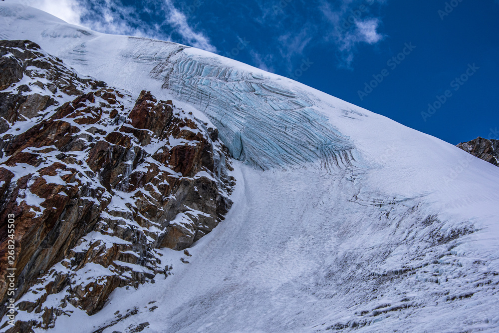Landscape view of glacier on before Cho La pass. Sagarmatha (Everest) National Park, Nepal.