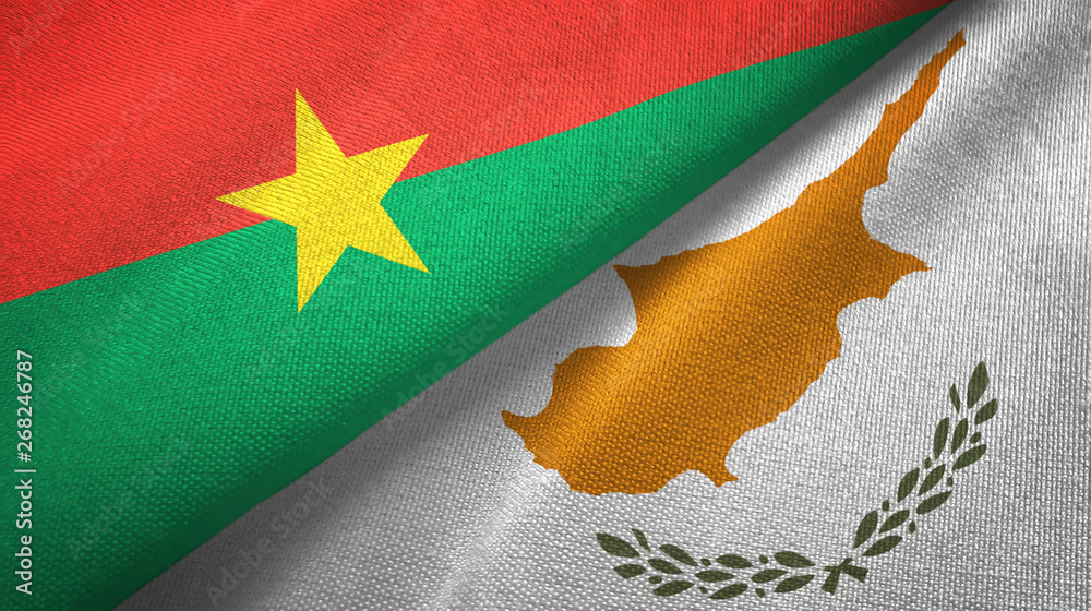 Burkina Faso and Cyprus two flags textile cloth, fabric texture Burkina Faso and Cyprus two flags textile cloth, fabric texture