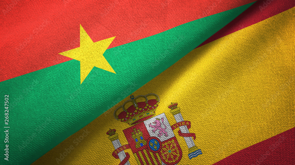 Burkina Faso and Spain two flags textile cloth, fabric texture Burkina Faso and Spain two flags textile cloth, fabric texture