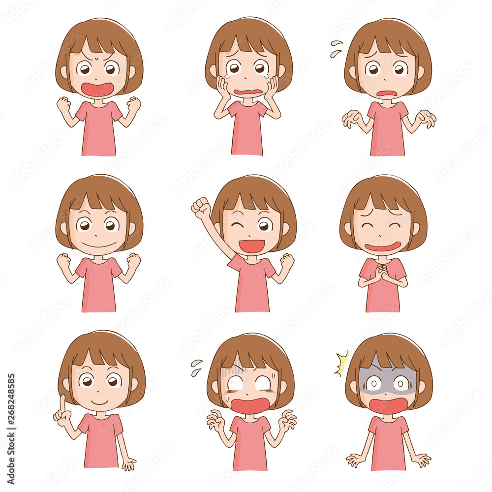 色々な表情の女性のイラスト 喜怒哀楽 Stock Vector Adobe Stock