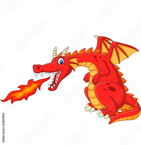 Fotografiet Cartoon red dragon spitting fire