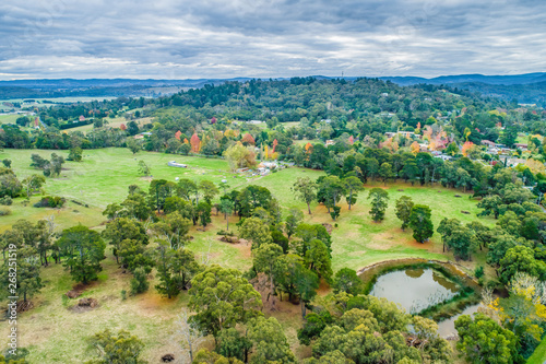 Rural area with trees and grasslands in Victoria, Australia - aerial landscape