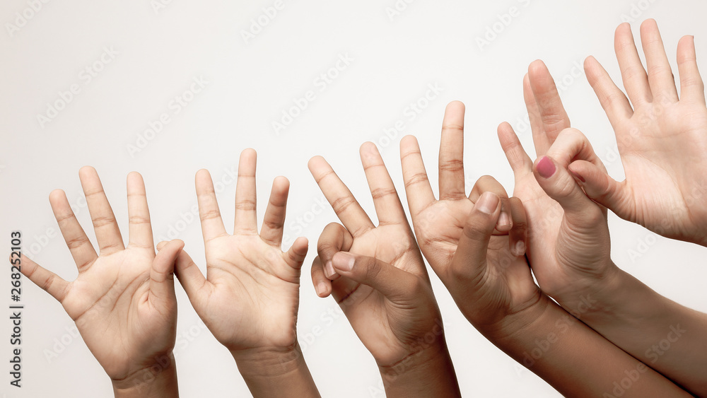 many raised children's expressive hands in a row. many raised children's expressive hands in a row.