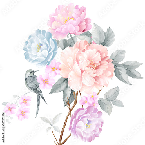 Watercolor illustration of a bouquet with a purple and delicate pink rose, leaves and bud, greeting card 