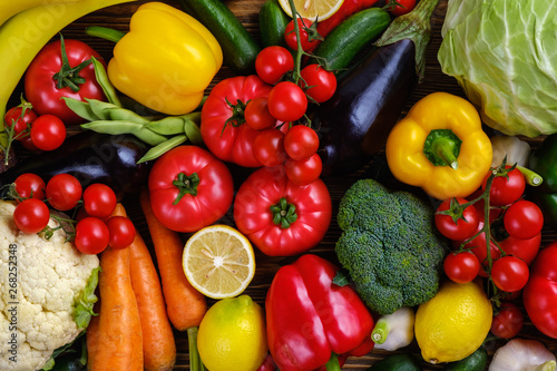 Vegetables and fruits on a wooden table