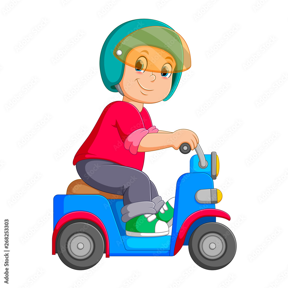 the man is riding on the blue scooter with the helmet the man is riding on the blue scooter with the helmet