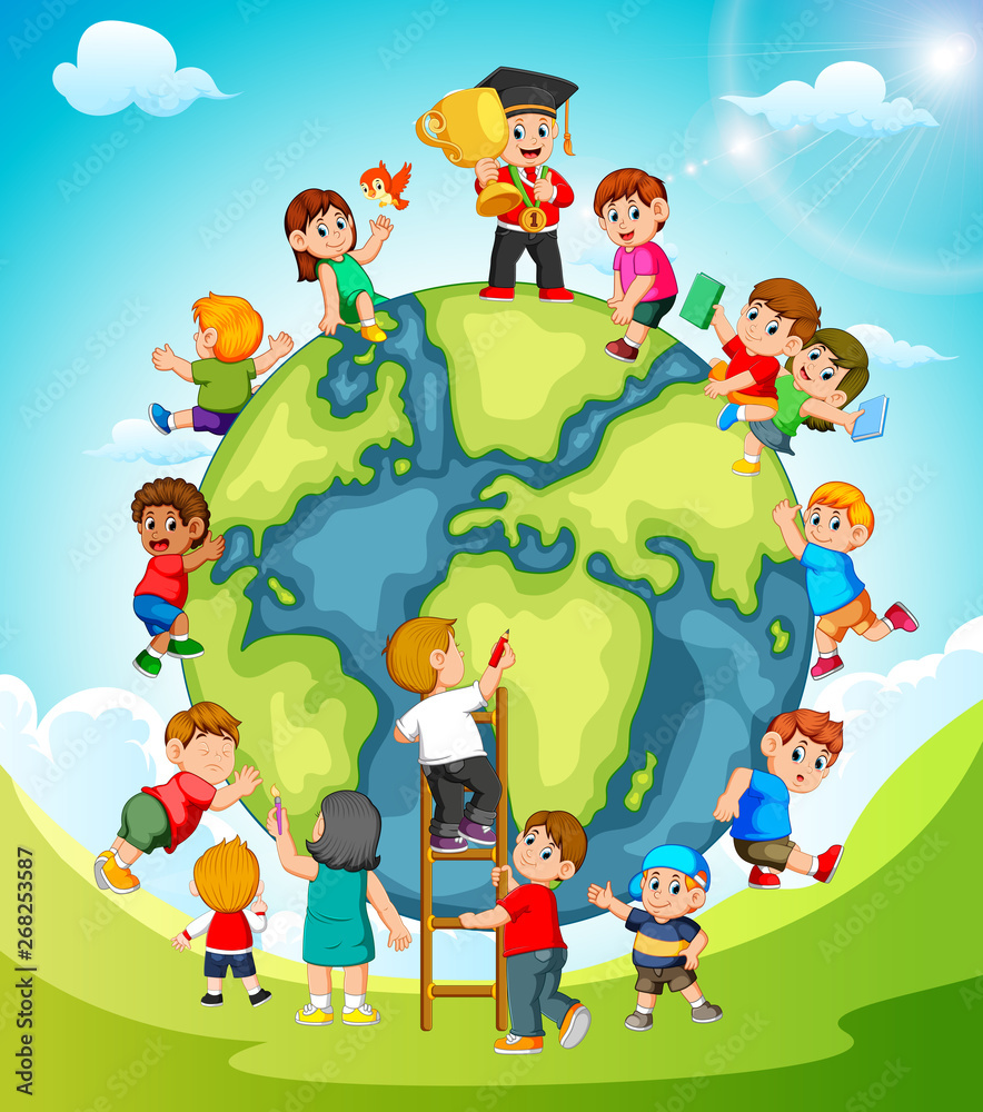 Naklejka premium the earth with the children playing around it 