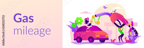 Gas mileage, fuel saving and efficient green eco friendly engine technology concept. Vector banner template for social media with text copy space and infographic concept illustration.