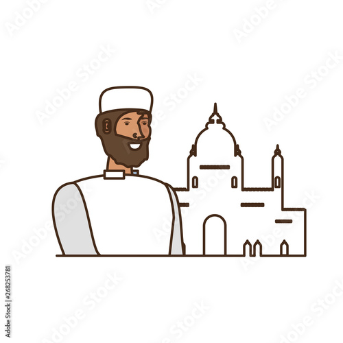 islamic man with beard and mosque building
