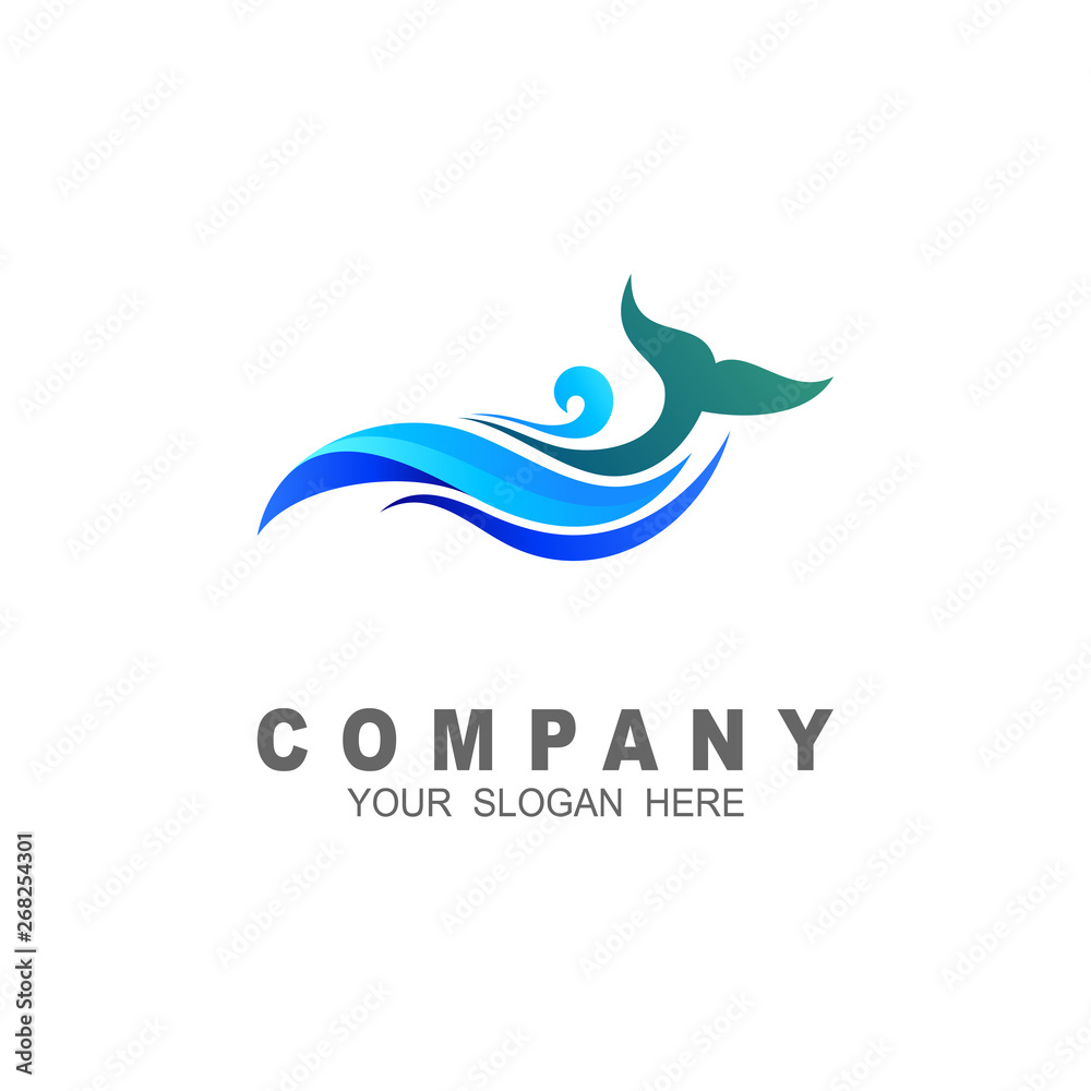 Whale tail logo with of waves, logo design template