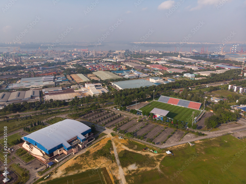 Pasir Gudang, Johor Malaysia industrial area drone photo view.
