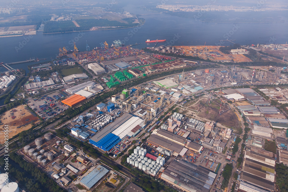 Pasir Gudang, Johor Malaysia industrial area drone photo view.