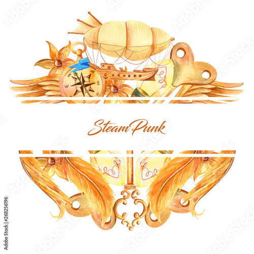 Romantic watercolor frame in retro style with steampunk elements. Vintage Victorian border with wings  keys  bulbs  airship in ginger  gold  and blue colors isolated on a white backdrop