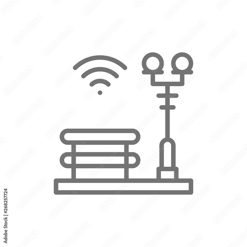 Bench with a lantern, Wi-Fi zone, smart park line icon. Bench with a lantern, Wi-Fi zone, smart park line icon.