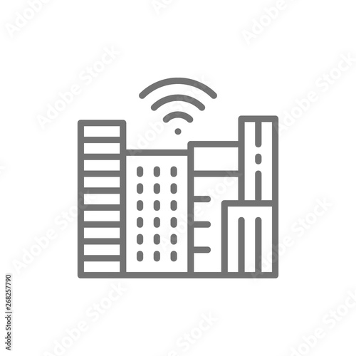 Smart town with Wi-Fi zone, technology city line icon.