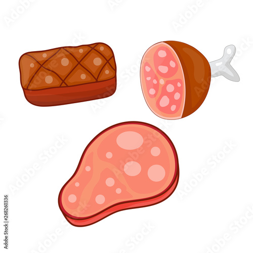 Set of meat cuts assortment. cartoon food. Isolated on white background