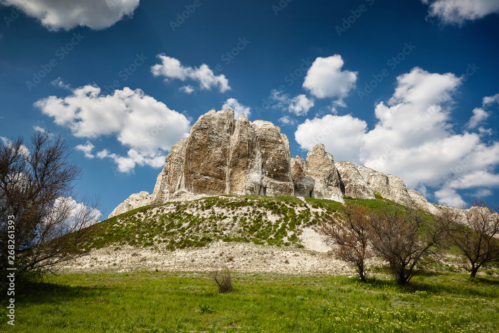 Landscape with Chalk cliffs. Late Cretaceous. Landscape with clouds. Landscape with Chalk cliffs. Late Cretaceous. Landscape with clouds.
