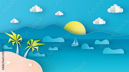 Illustration of sea view with island and floating sailing boat in the sea. Summer sea scenery. paper cut and craft style. vector, illustration.