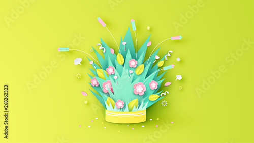 Elements of Spring decorate with firework, flower, leaves and petal float up from firework box. Graphic design for Spring festival. paper cut and craft style. vector, illustration.