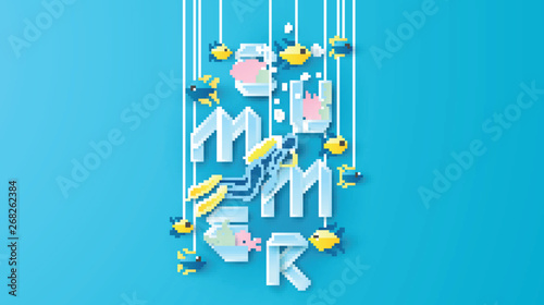 Paper art design of underwater world with diver, fish, coral and word SUMMER paper calligraphy decoration. Graphic design for Summer. paper cut and craft style. vector, illustration.