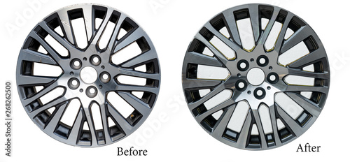 Fotografie Alloy wheel repair ,Repairing alloy wheels with metal shadows, before repairing