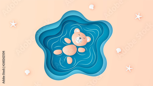 Top view of cute bear are floating in the pool. Bear relax in summer. Cute bear. paper cut and craft style. vector, illustration.