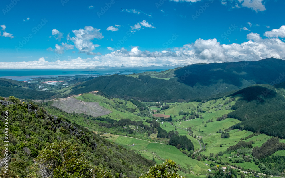 Panoramic view to green fields, hills and ocean. Nelson area, New Zealand