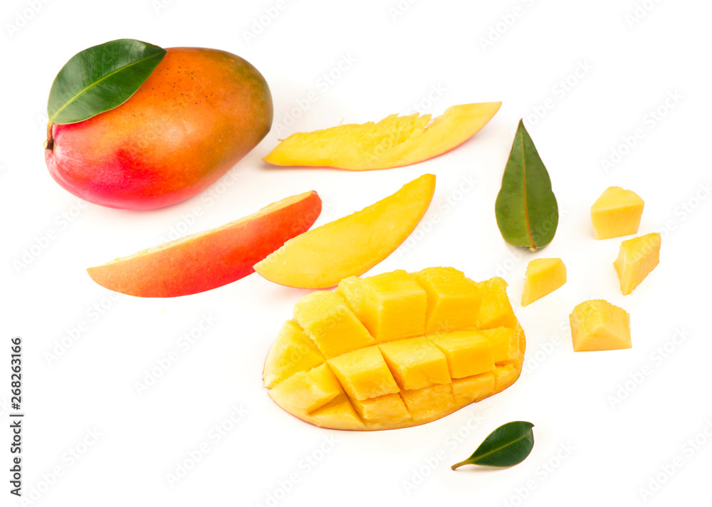 Fototapeta premium Mango fruit with mango cubes and slices