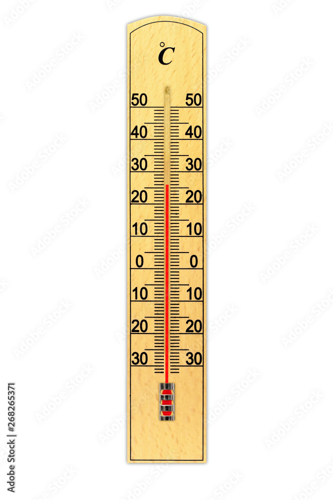 Wooden celsius scale thermometer isolated on white background. Thermometer shows air temperature plus 26 degrees Wooden celsius scale thermometer isolated on white background. Thermometer shows air temperature plus 26 degrees