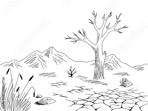 Dry landscape graphic black white desert sketch illustration vector