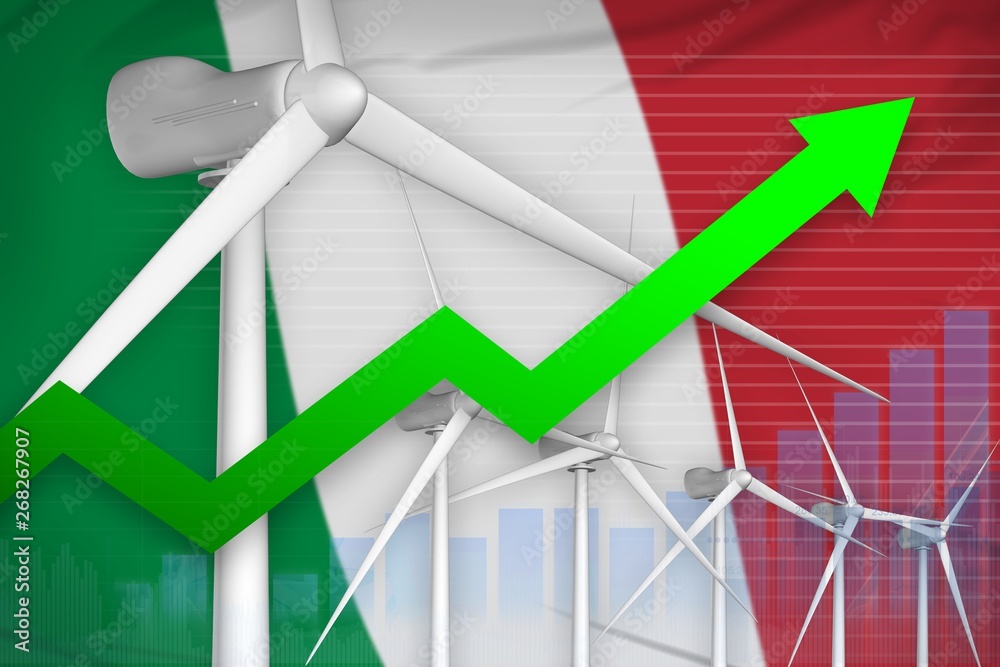 Fototapeta premium Italy wind energy power rising chart, arrow up - modern natural energy industrial illustration. 3D Illustration