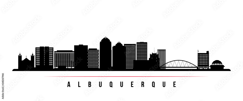 Albuquerque city skyline horizontal banner. Black and white silhouette of Albuquerque city, USA. Vector template for your design.