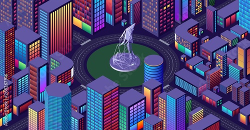 Background with city view with isometric perspective and vibrant neon colors