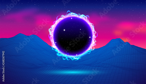 80s synthwave styled landscape with portal or electric black hole and grid mountains on arcade space planet